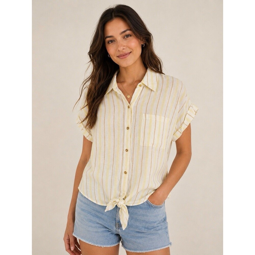 Ellen Tracy NWT 100% Linen Top Yellow Striped Roll Sleeve Size S Coastal Beach